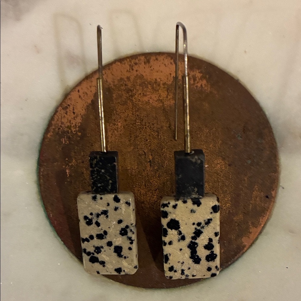 Hand-crafted Black and Cream Stone Dangle Earrings